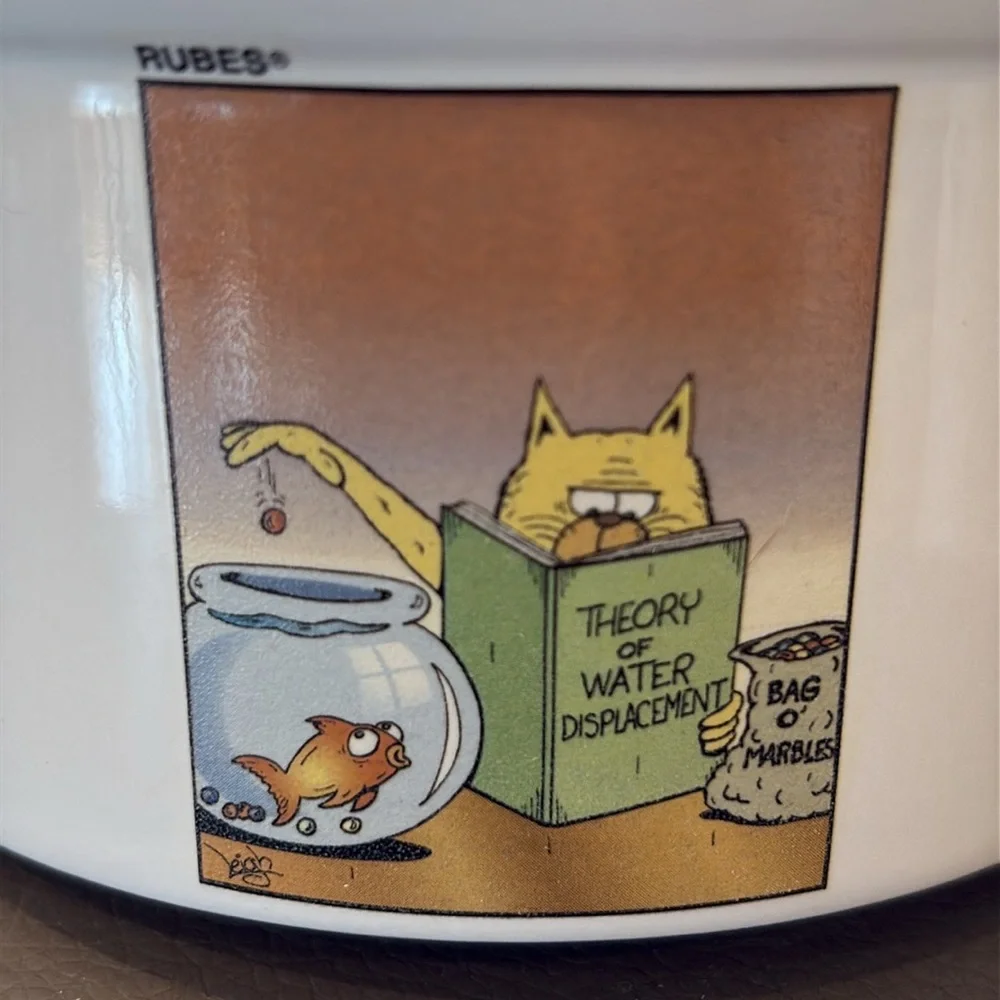 Rubes Leigh Rubin Cat Bowl with Mischievous Cat Cartoon Scenes 2002, 2.75” Deep